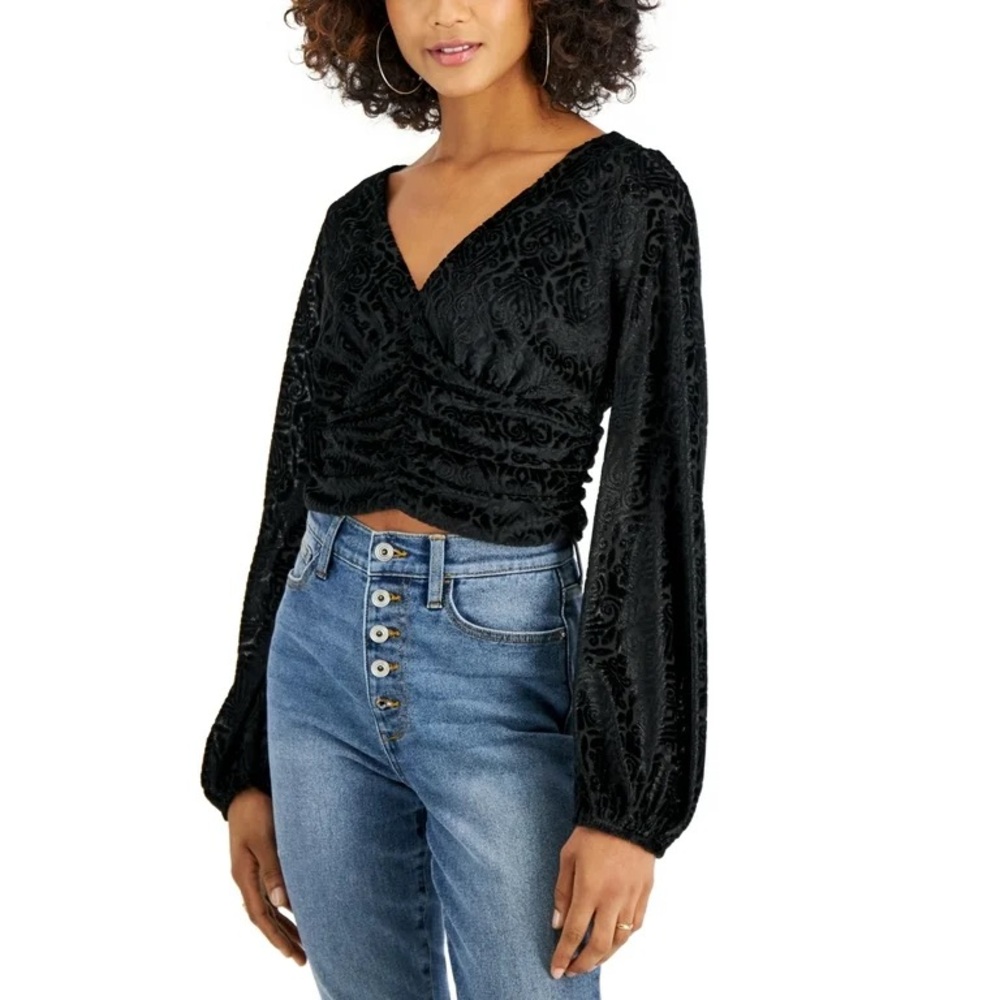 Black Ruched Velvet Crop Blouse with Bishop Sleeves
